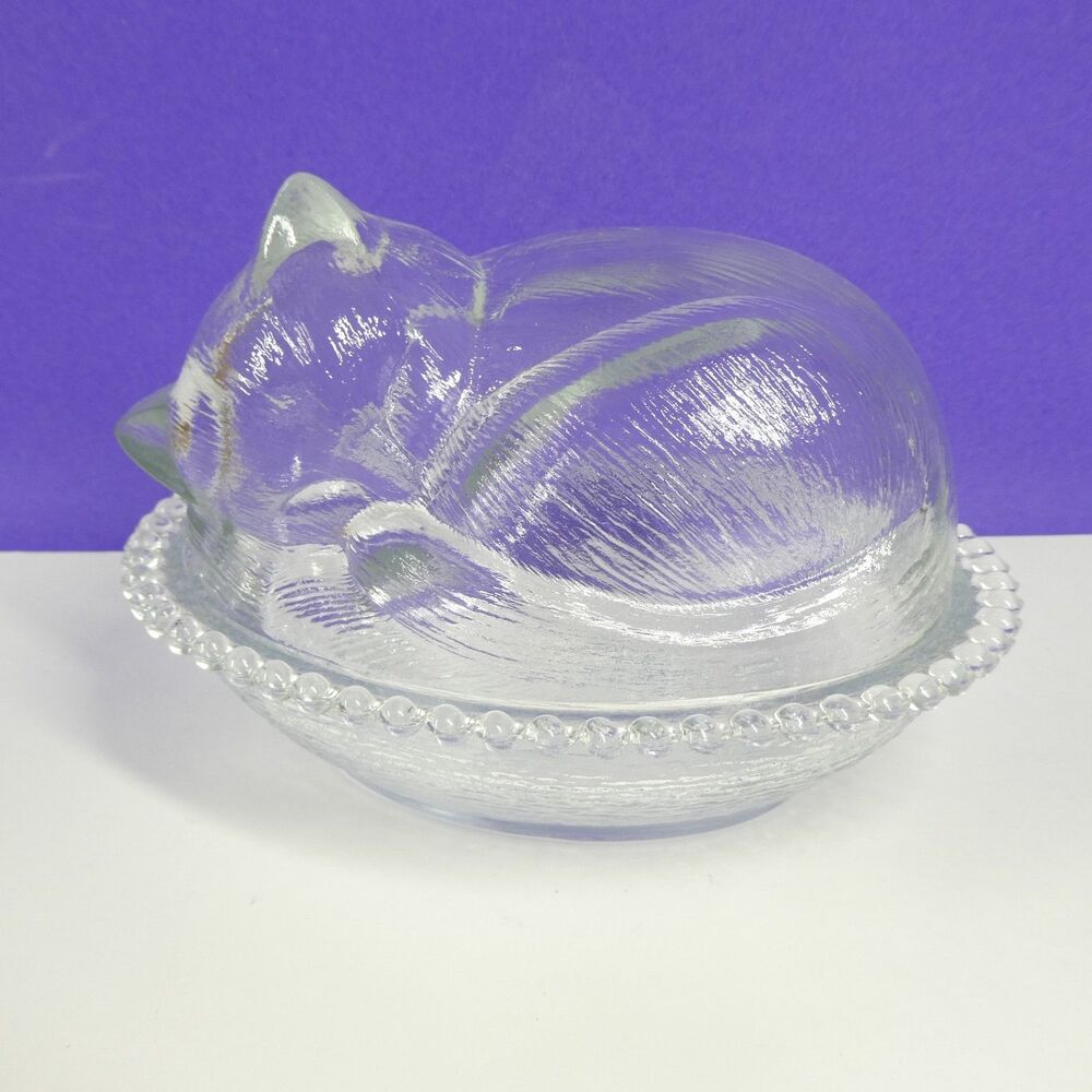 Sleeping Cat on Basket Indiana Clear Glass Vintage Covered Dish